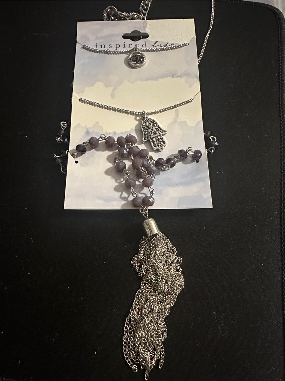 Inspire Silver Hamsa Layered Necklace with Purple Beads and Tassel
#151